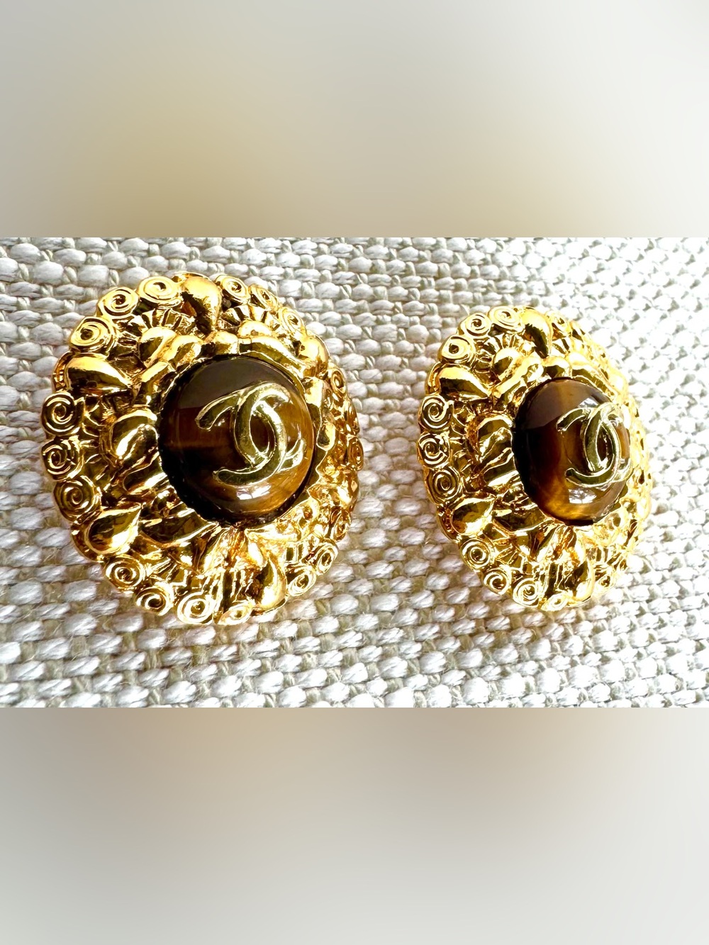 CHANEL Vintage Gold CC Tiger Eye Cabochon Clip Earrings Rare Authentic + COA